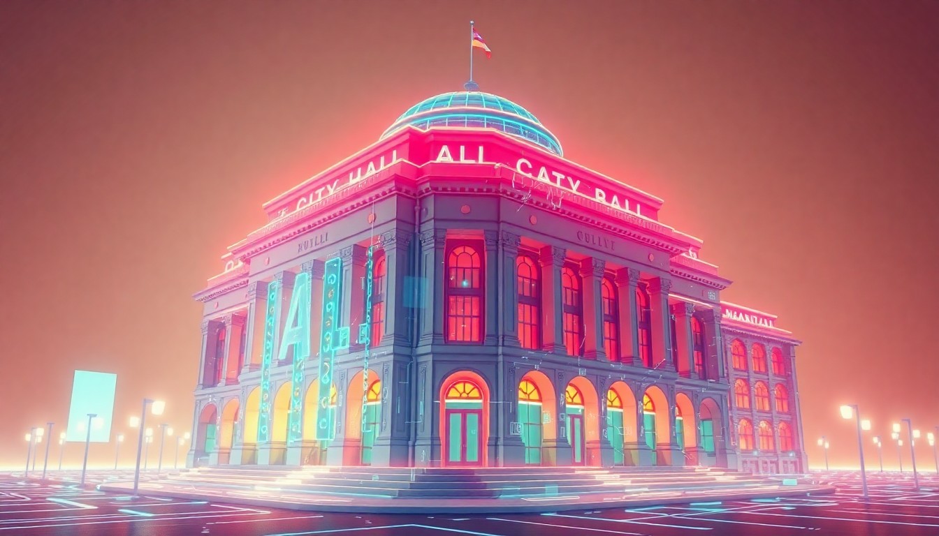 A highly detailed, glowing 3D illustration of a futuristic city hall building with pulsing neon-lit circuits and data streams flowing through its architecture, conceptually representing the integration of AI and digital technology into municipal services.