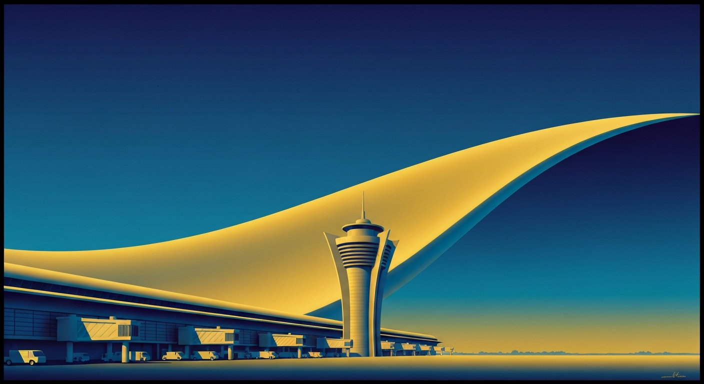 A highly stylized, geometric illustration in shades of blue and gold, depicting the towering, streamlined silhouette of an airport terminal, capturing the grand scale and romance of air travel.