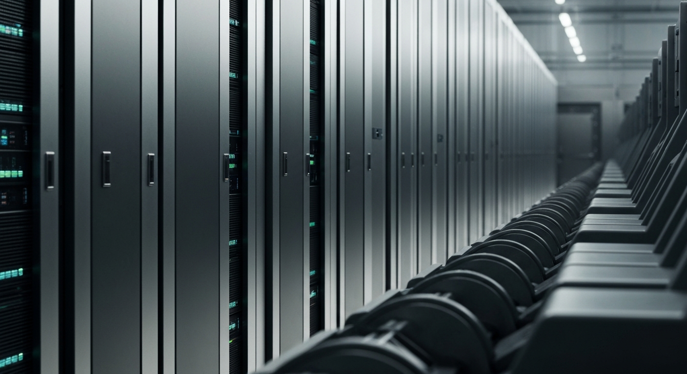 A dramatic, high-contrast close-up of heavy, industrial banking equipment and infrastructure, conveying the tangible, mechanical nature of modern finance without using any literal currency or financial symbols.