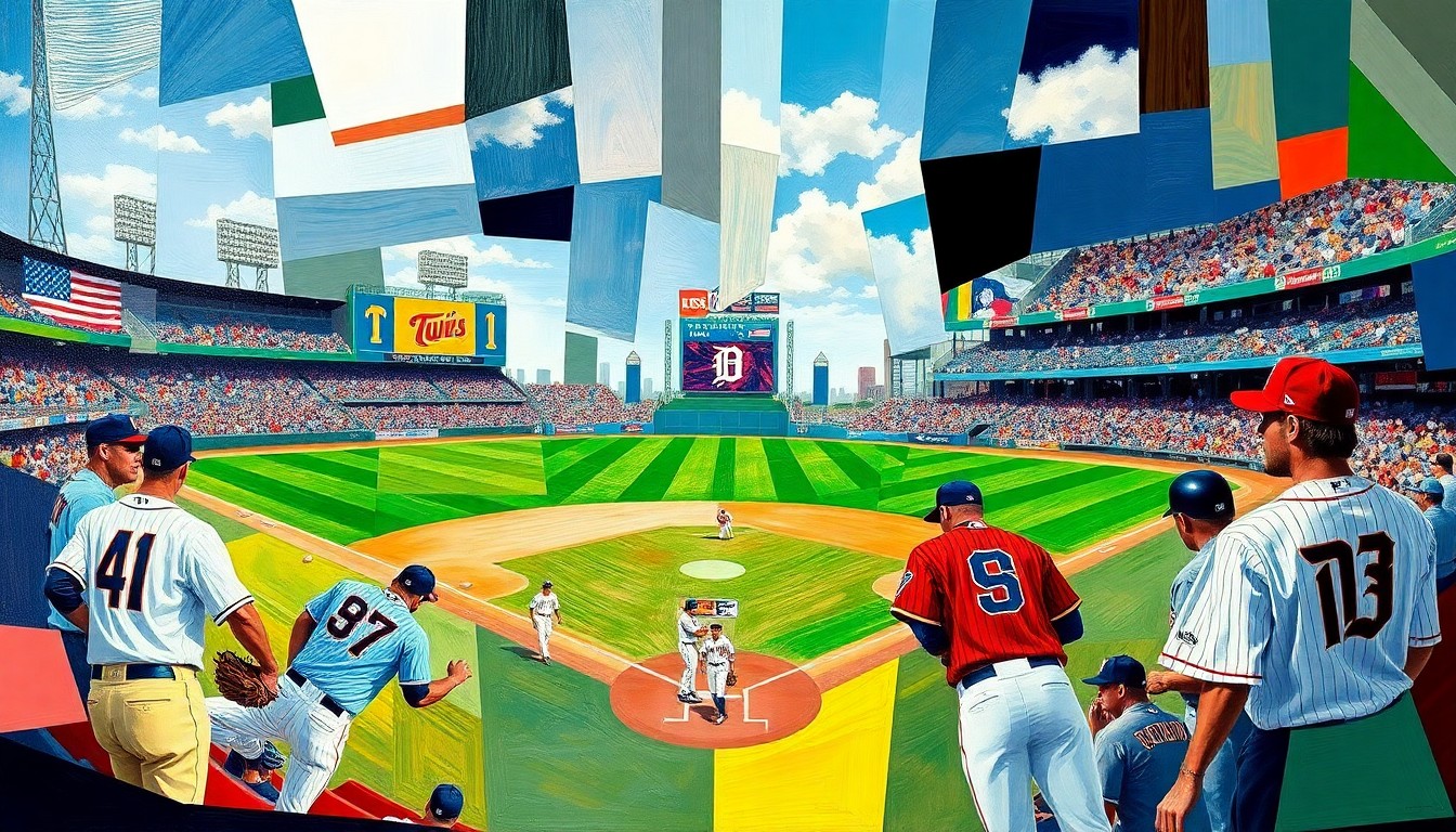 A cubist, geometric painting depicting a baseball game, with sharp, overlapping shapes in the colors of the Minnesota Twins and Detroit Tigers uniforms, capturing the dynamic energy of the sport.