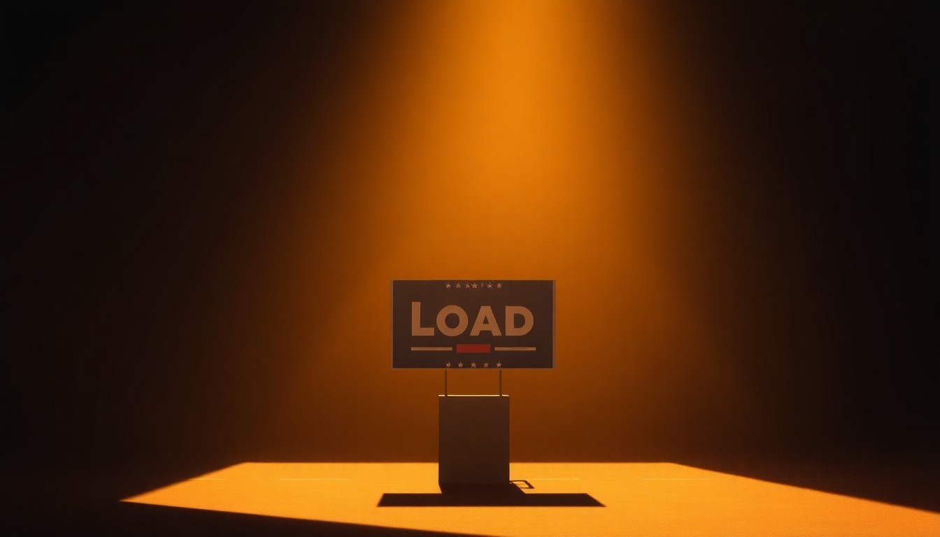 A serene, cinematic painting depicting a solitary political campaign sign or podium in a dimly lit urban setting, with warm sunlight casting long shadows across the scene, conveying a sense of anticipation and uncertainty surrounding the upcoming election.