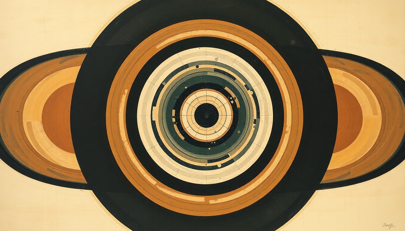 A bold, abstract painting featuring sweeping geometric arcs, concentric circles, and precise spirals in earthy tones, conceptually representing the complex forces and concepts involved in the splashdown and recovery of the Artemis II spacecraft.