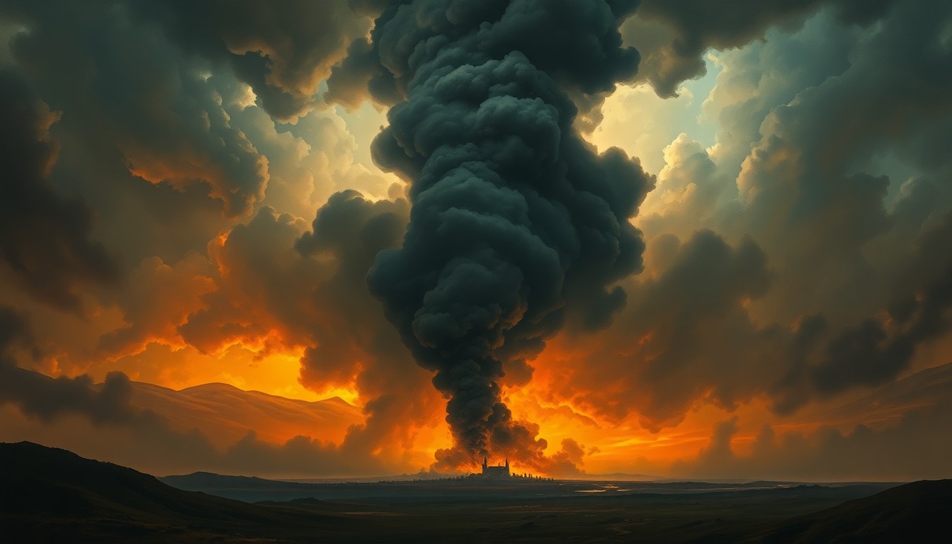 A sweeping, atmospheric landscape painting depicting a towering plume of black smoke rising from a small, obscured structure in the distance, dwarfed by the overwhelming natural environment, conveying the raw power and unpredictability of a raging fire.