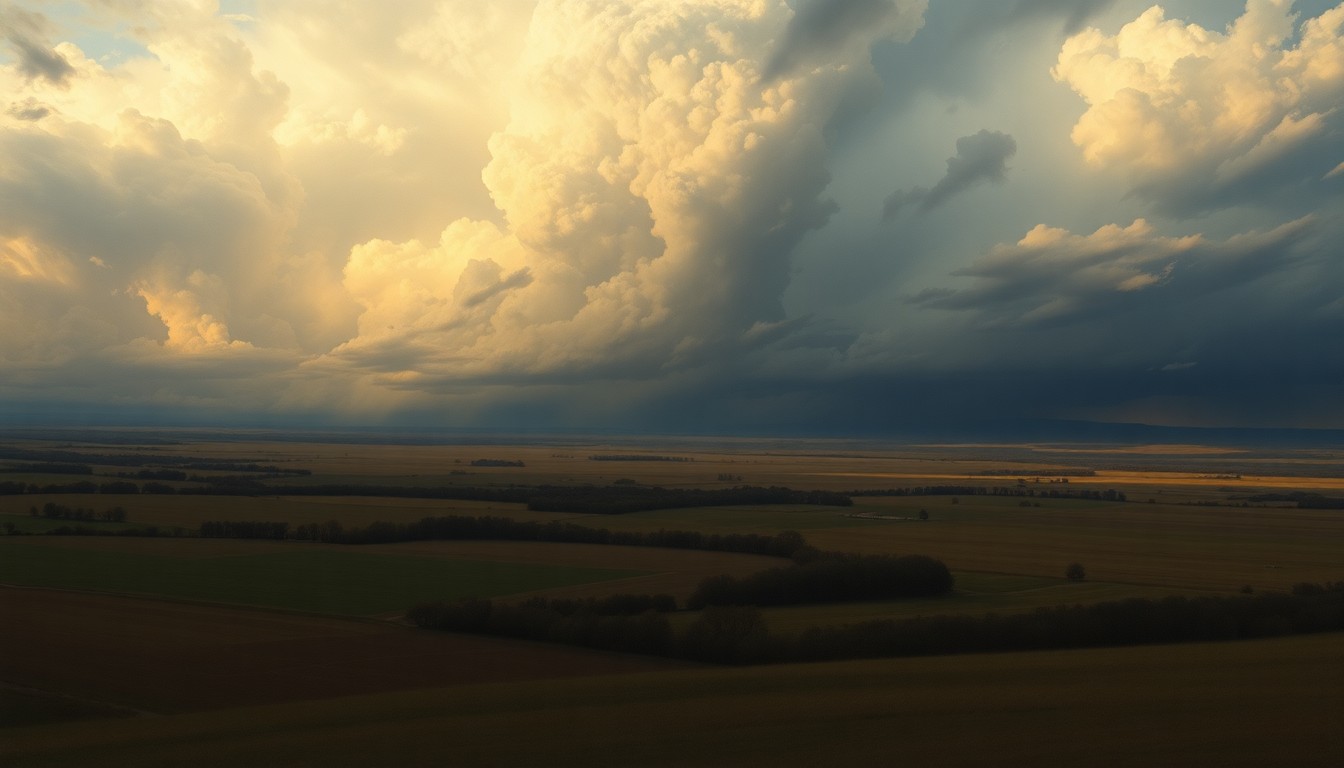 A vast, atmospheric landscape painting depicting the Oklahoma countryside under a dramatic, stormy sky, with any physical structures or objects dwarfed by the overwhelming scale of the natural elements.
