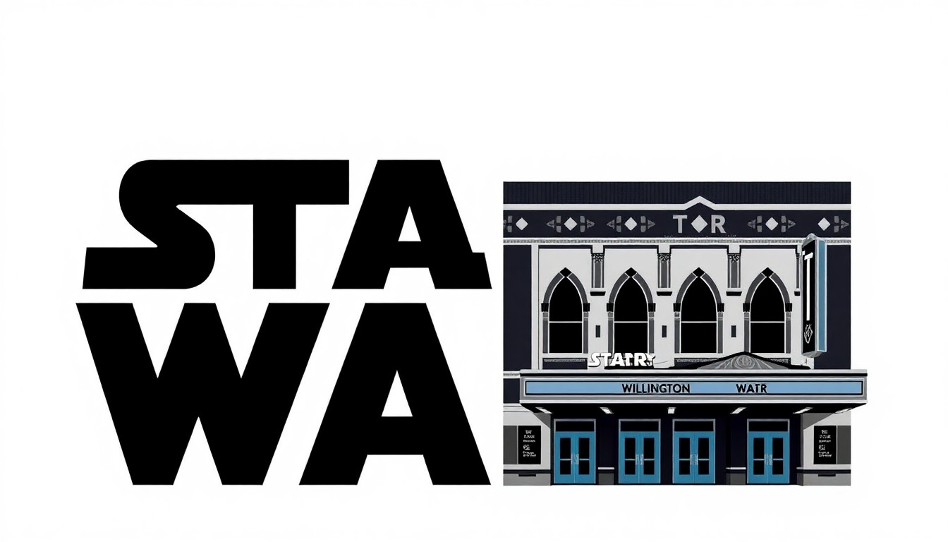 An abstract, minimalist illustration featuring jagged, geometric shapes in shades of blue, white, and black, conceptually representing the historic Wilmington theater and the 'Star Wars' franchise.