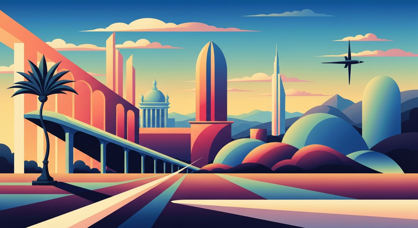 A bold, geometric illustration in the Art Deco style, featuring sweeping gradients and sleek, streamlined forms that evoke the grand scale and romance of travel without any literal depictions.