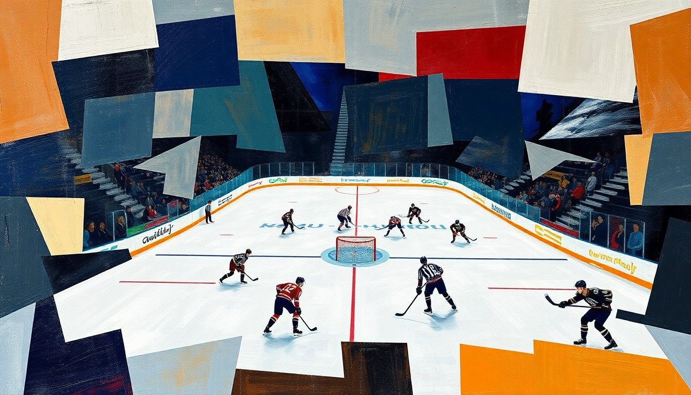A cubist, geometric painting depicting a hockey game in abstract, overlapping shapes and planes of color, with no recognizable players or logos, conceptually representing the strategic changes happening within the New Jersey Devils organization.