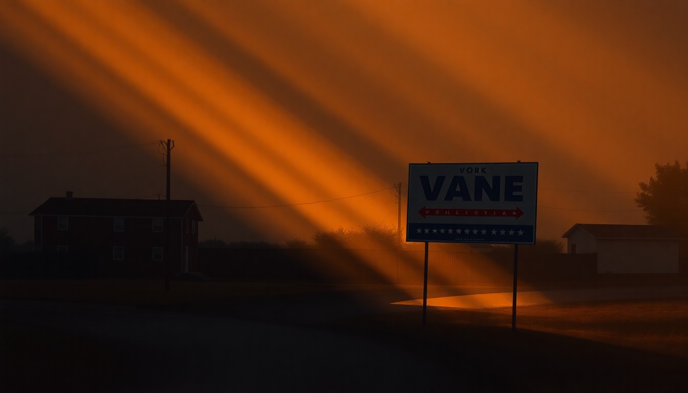 A serene, cinematic painting depicting a lone campaign sign or other political object in a dimly lit urban setting, with warm sunlight casting dramatic shadows across the scene, conveying a sense of quiet contemplation about the significance of this election.
