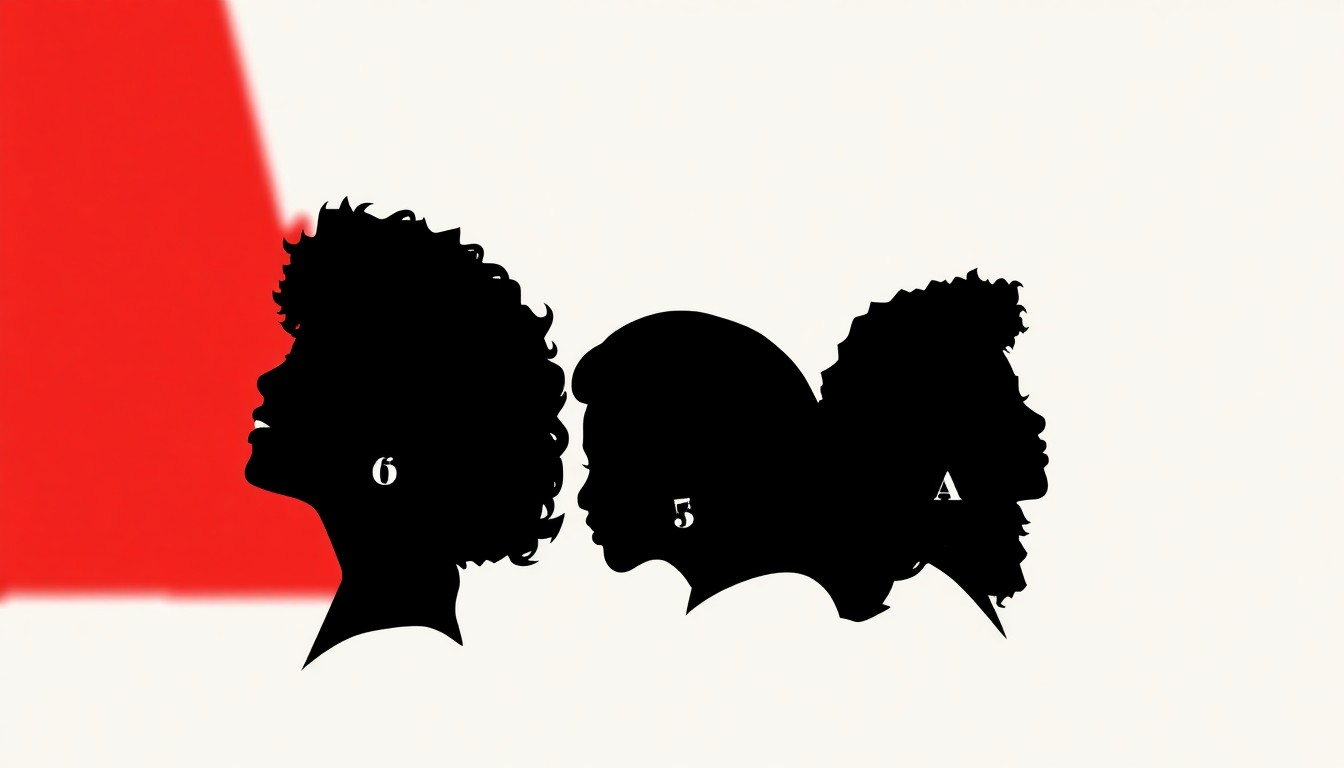 A minimalist, abstract illustration composed of bold, jagged black silhouettes representing the iconic shapes and profiles of legendary R&B artists, set against a high-contrast background of deep red and bright white.