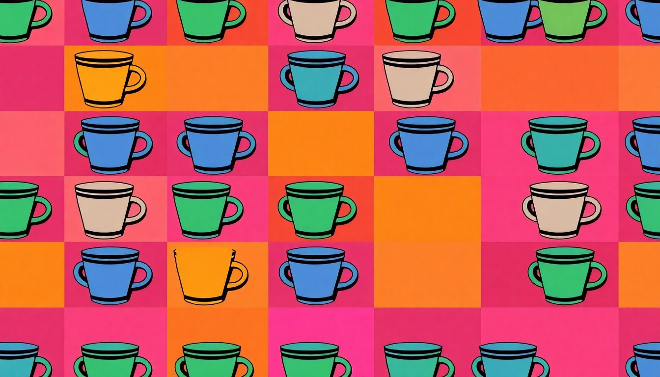 A bold, colorful silkscreen-style illustration featuring a repeating pattern of a single, stylized coffee cup in shades of neon pink, electric blue, and highlighter yellow, conceptually representing the vibrant energy and community spirit of Holland's growing coffee shop scene.