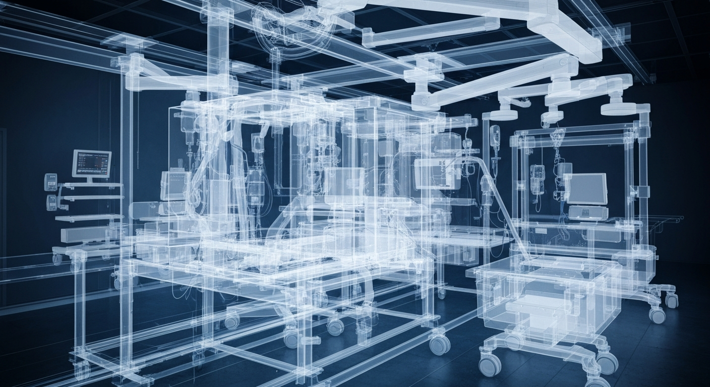 An extreme close-up X-ray photograph revealing the intricate internal structure and advanced medical equipment of a modern hospital, conceptually representing the innovative healthcare capabilities of the new Trinity Health Livingston facility.