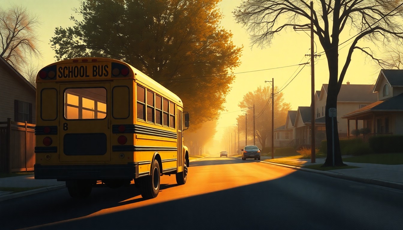 A serene, nostalgic painting of an empty school bus parked on a quiet suburban street, the vehicle's silhouette reflected in the pavement and surrounded by warm, golden sunlight and deep shadows, conveying a sense of anticipation and uncertainty about the future of local education.