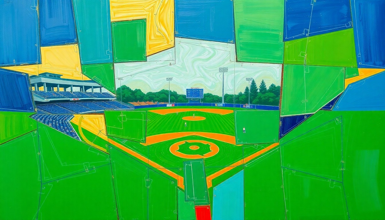 A cubist, geometric painting depicting the action and energy of a high school softball game, with sharp planes of bright green, royal blue, and gold overlapping to create a dynamic, fragmented visual.