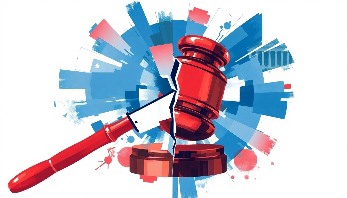 A fragmented, abstract painting in red, white, and blue hues depicting a political symbol like a gavel, conveying a sense of political discord and division.