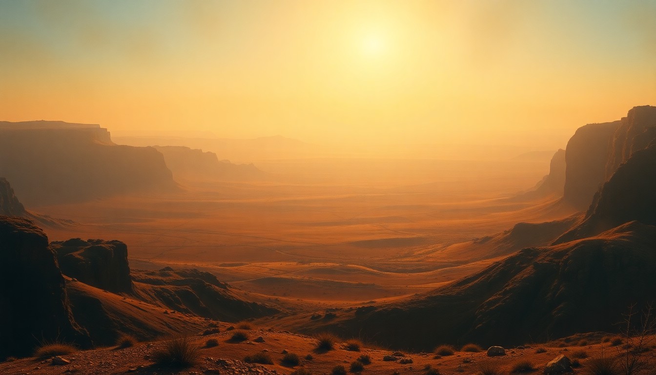 A sweeping, atmospheric landscape painting in muted earth tones, with a hazy, distant horizon and a lone structure dwarfed by the vast, open sky above.