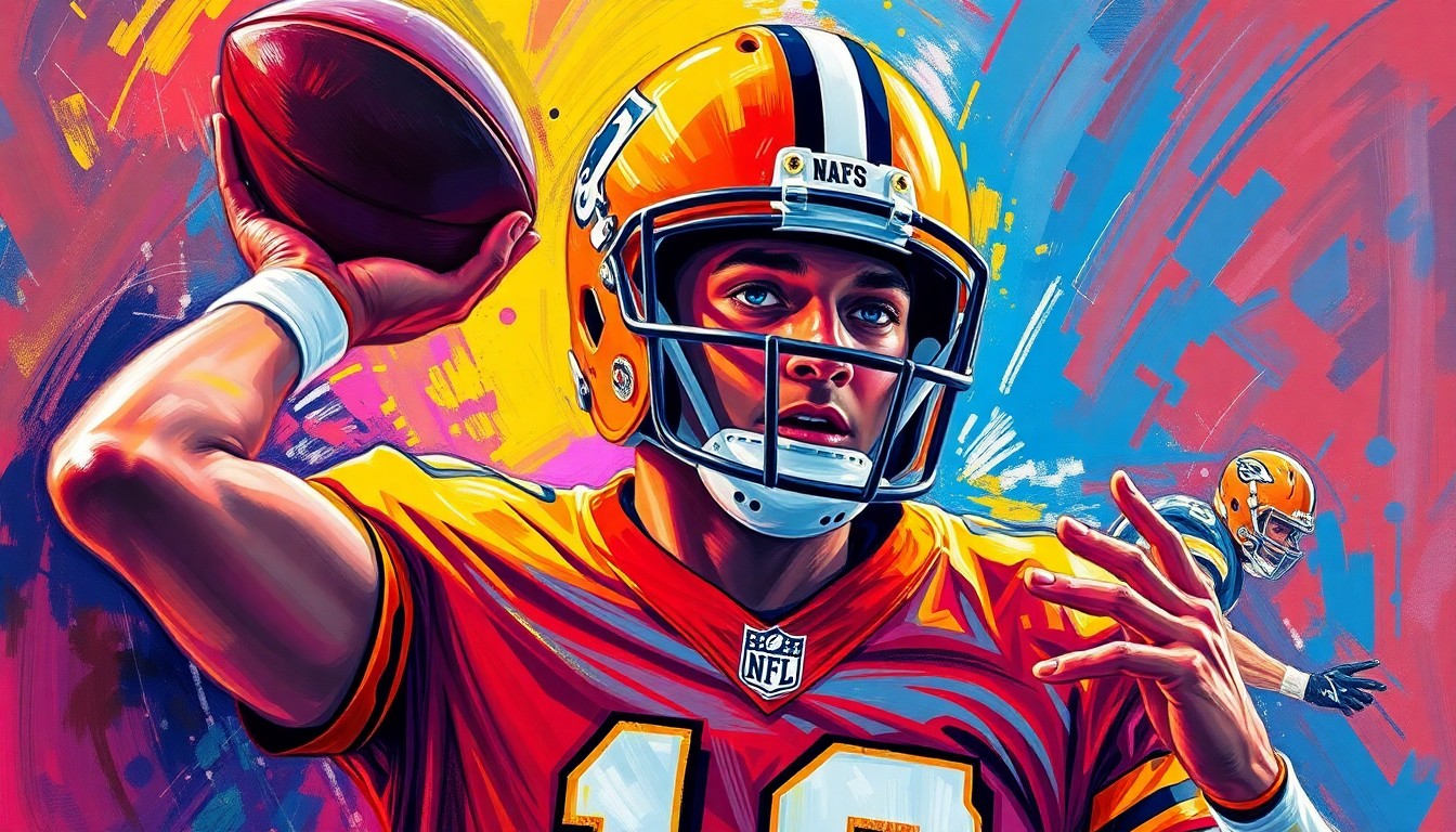 An abstract, expressionist painting in vibrant neon colors depicting the dynamic motion and raw power of an NFL quarterback preparing for a new season.
