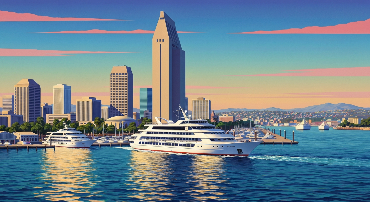 A bold, geometric illustration in the Art Deco style depicting the sweeping skyline and harbor of San Diego, with the sleek silhouette of a cruise boat in the foreground, conveying the grand scale and romance of a bay cruise experience.