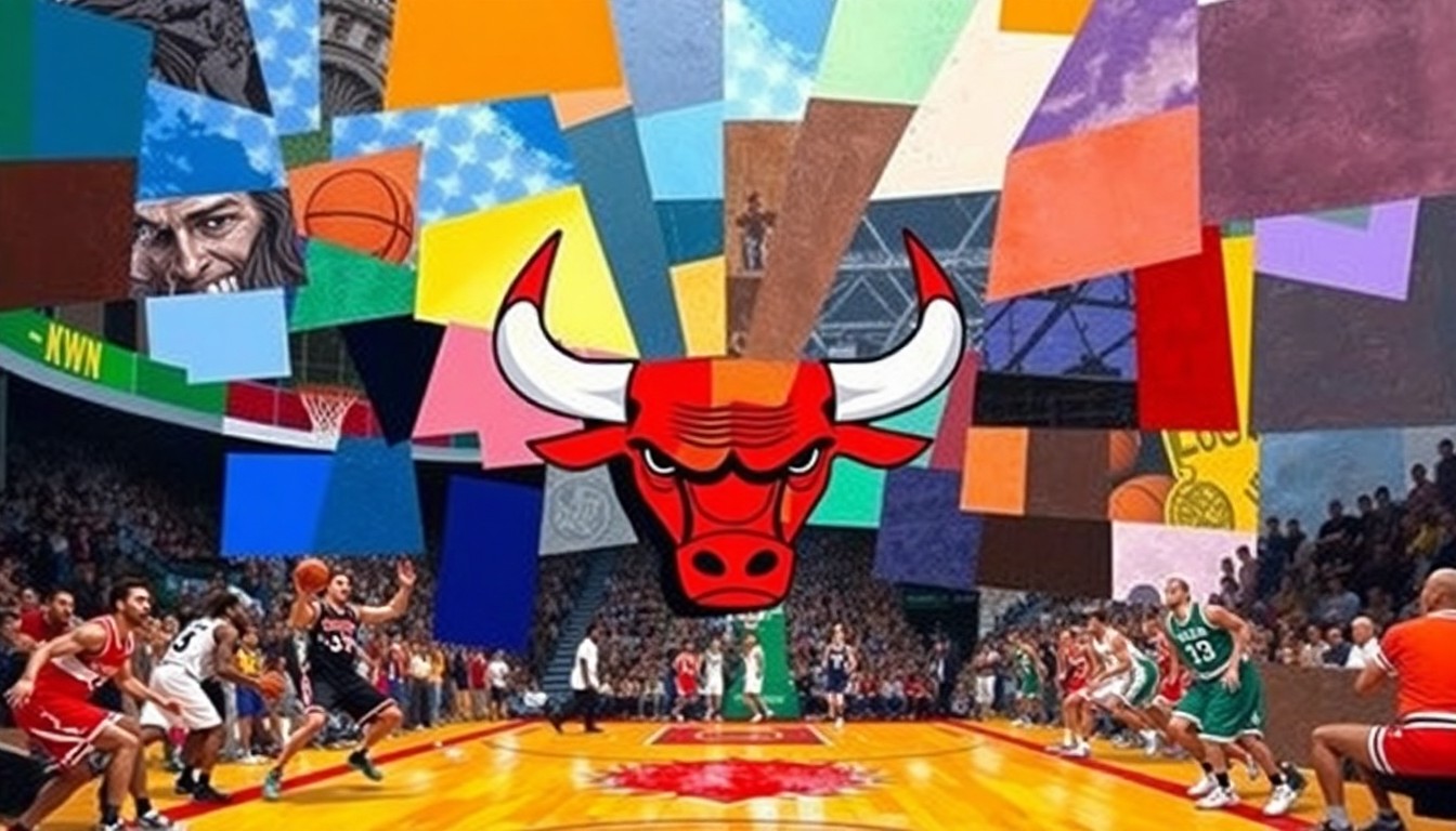 A cubist, geometric painting depicting a fragmented basketball game, with sharp, overlapping shapes in the colors of the Chicago Bulls and their opponents, conveying the complexity and uncertainty of the team's front office transition.