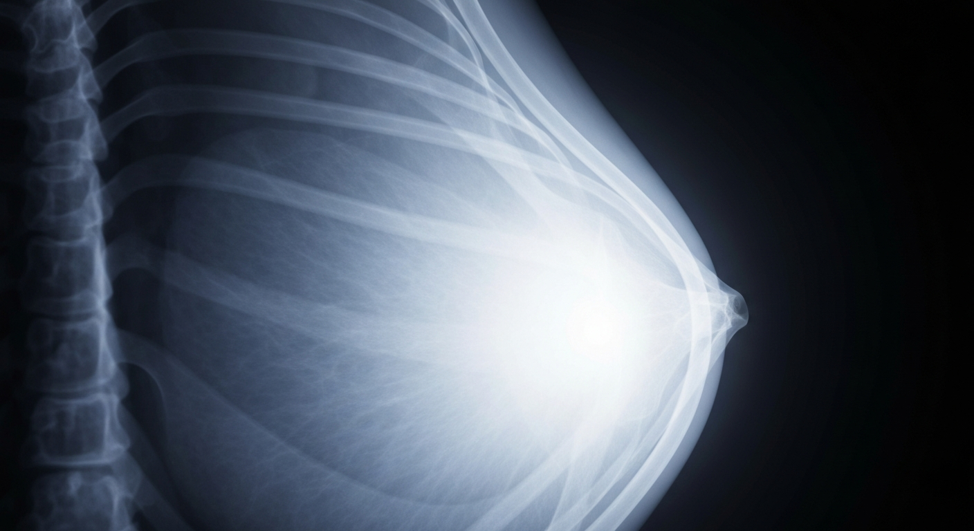 A ghostly, translucent X-ray photograph revealing the internal structures of a human breast, conveying the medical journey of breast cancer detection and treatment.