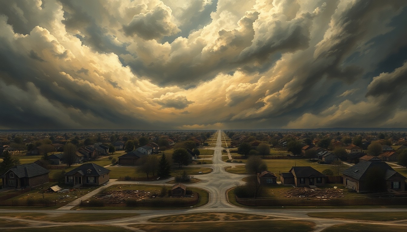 A dramatic, atmospheric landscape painting showing a suburban neighborhood with damaged homes and debris scattered across yards, all dwarfed by an overwhelming, turbulent sky of dark clouds and dramatic lighting, conveying the overwhelming scale and power of the tornado event.