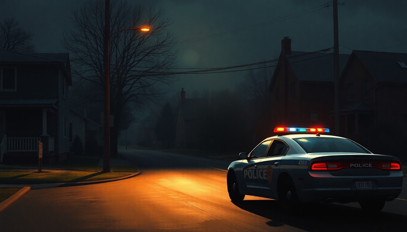A cinematic painting of a lone police car parked on a dimly lit suburban street, with warm sunlight and deep shadows creating a pensive, nostalgic mood.
