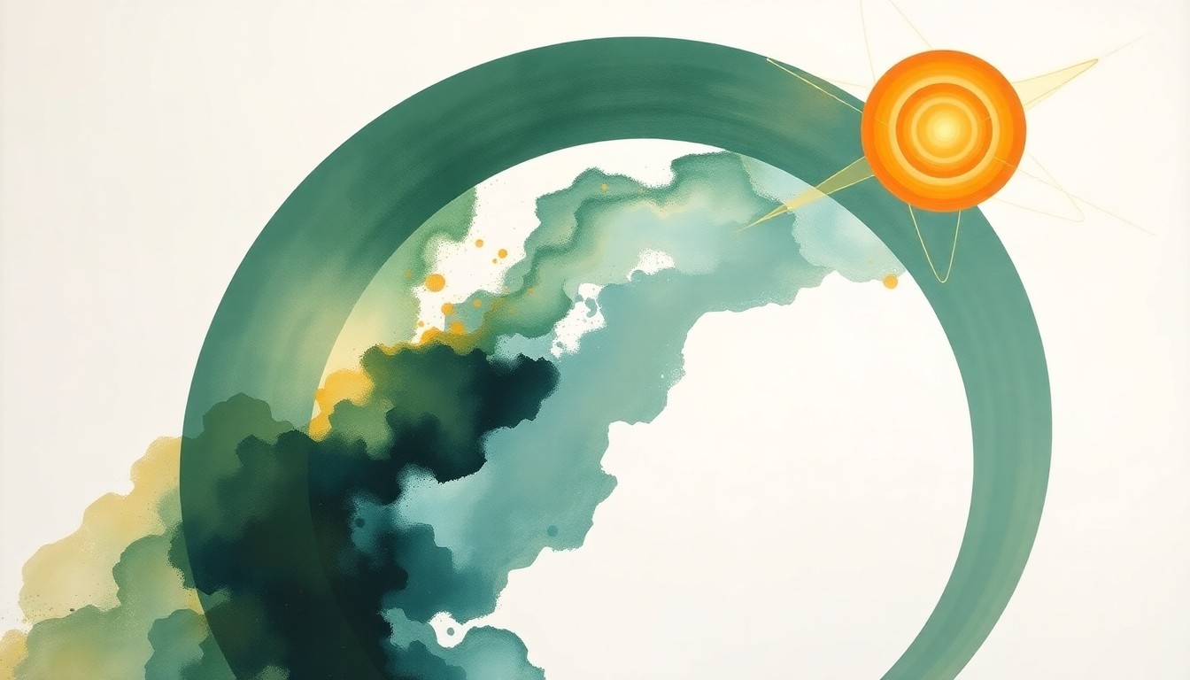 A bold, abstract painting in earthy tones of green, blue, and orange, featuring sweeping geometric arcs, concentric circles, and precise spirals, conceptually representing the complex scientific forces and concepts behind the Artemis II mission launch.