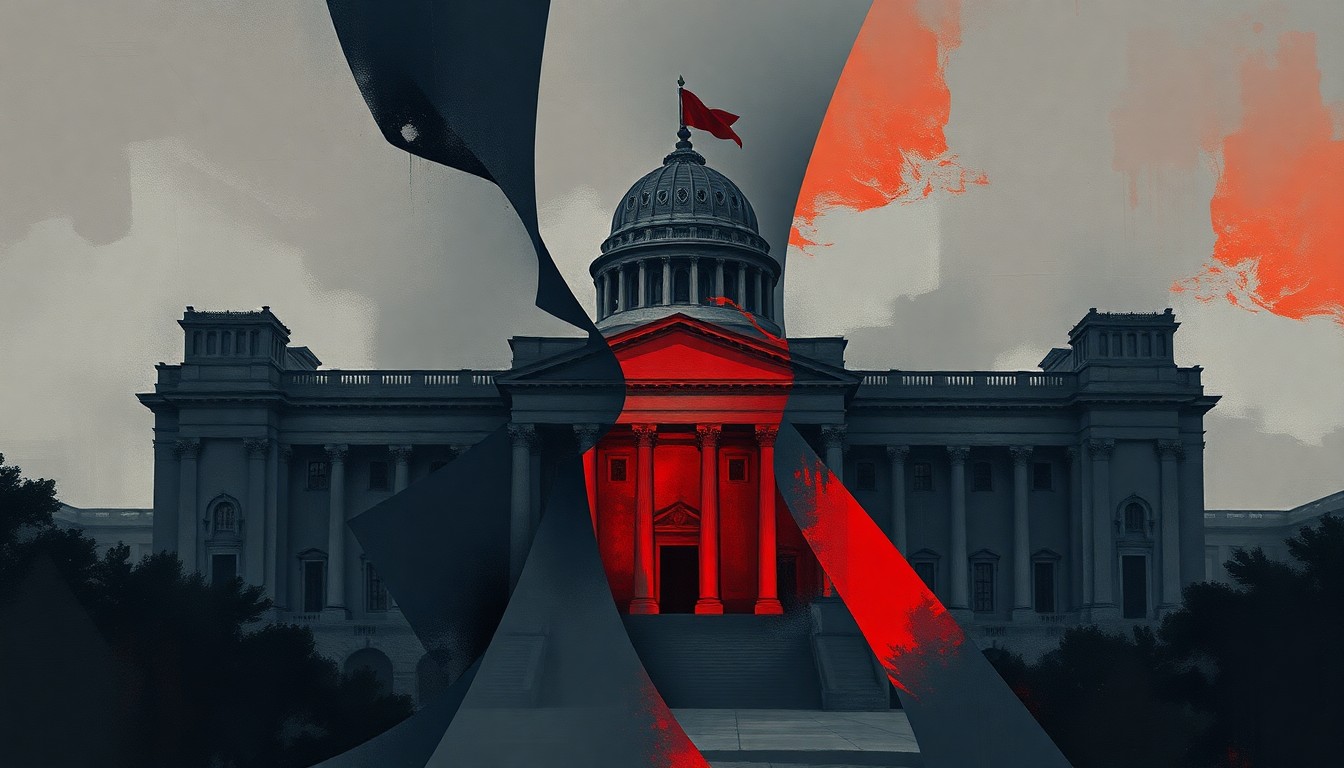 A fractured, abstract painting depicting a government building or political symbol in overlapping geometric shapes and waves of dark grey, navy blue, and muted red, conveying a sense of instability and upheaval in the political landscape.