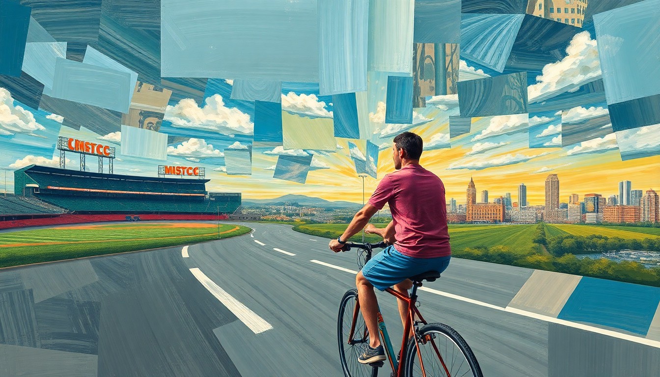 A cubist-style painting depicting a father and son cycling together on the open road, with fragmented views of baseball stadiums and cityscapes in the background, conveying the sense of movement and determination behind their cross-country journey.