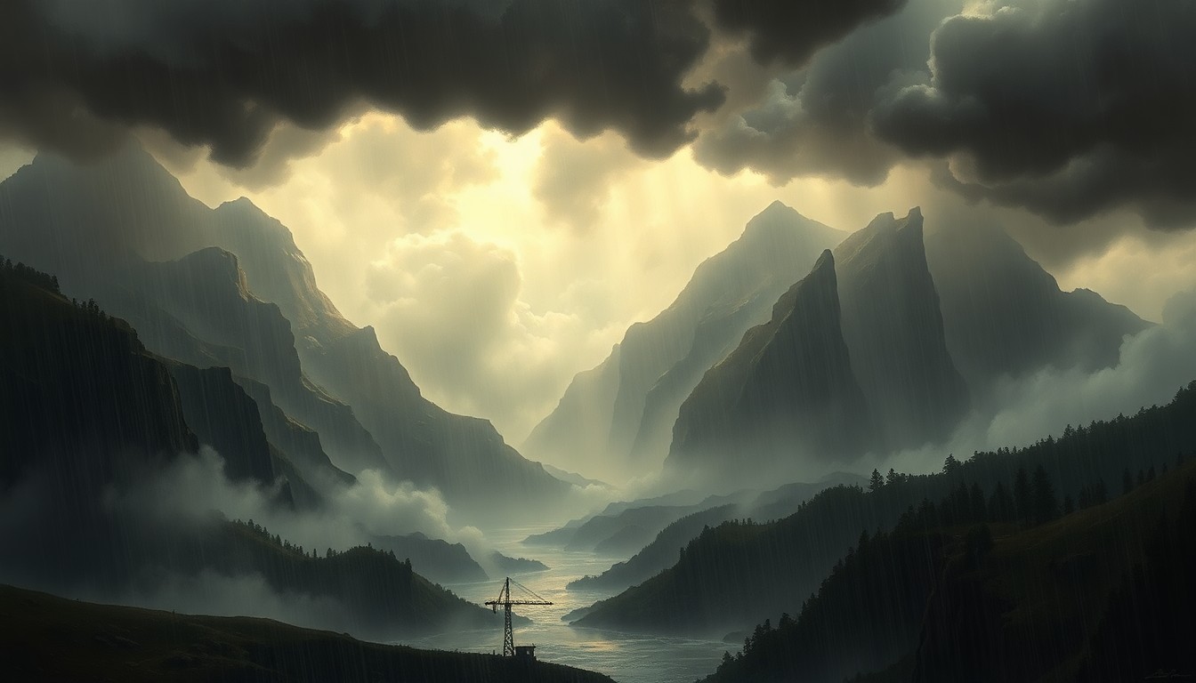 A sweeping, atmospheric landscape painting in muted tones of gray, blue, and green, with a distant horizon line obscured by heavy rain and clouds. The scene conveys a sense of the sublime, with the natural world dwarfing any human-made structures or objects.