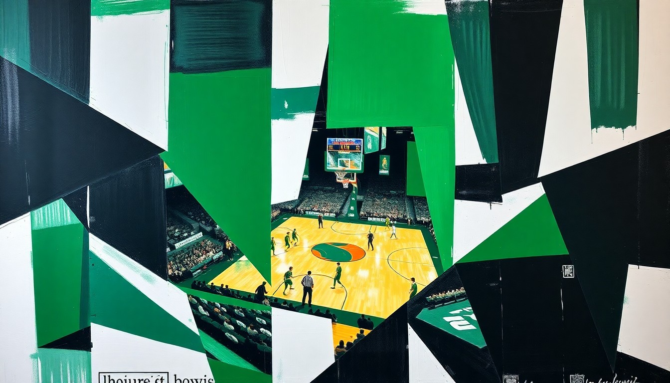 A fragmented, cubist-style painting depicting a college basketball game, with the players and court broken down into sharp, overlapping geometric shapes in the colors of the University of Hawaii Rainbow Warriors.
