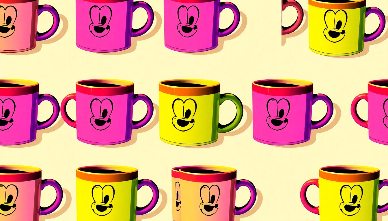 A highly stylized, repeating grid pattern of a brightly colored, neon-hued Disney coffee mug, conceptually representing the vibrant and unapologetic embrace of Disney fandom by so-called 'Disney Adults'.