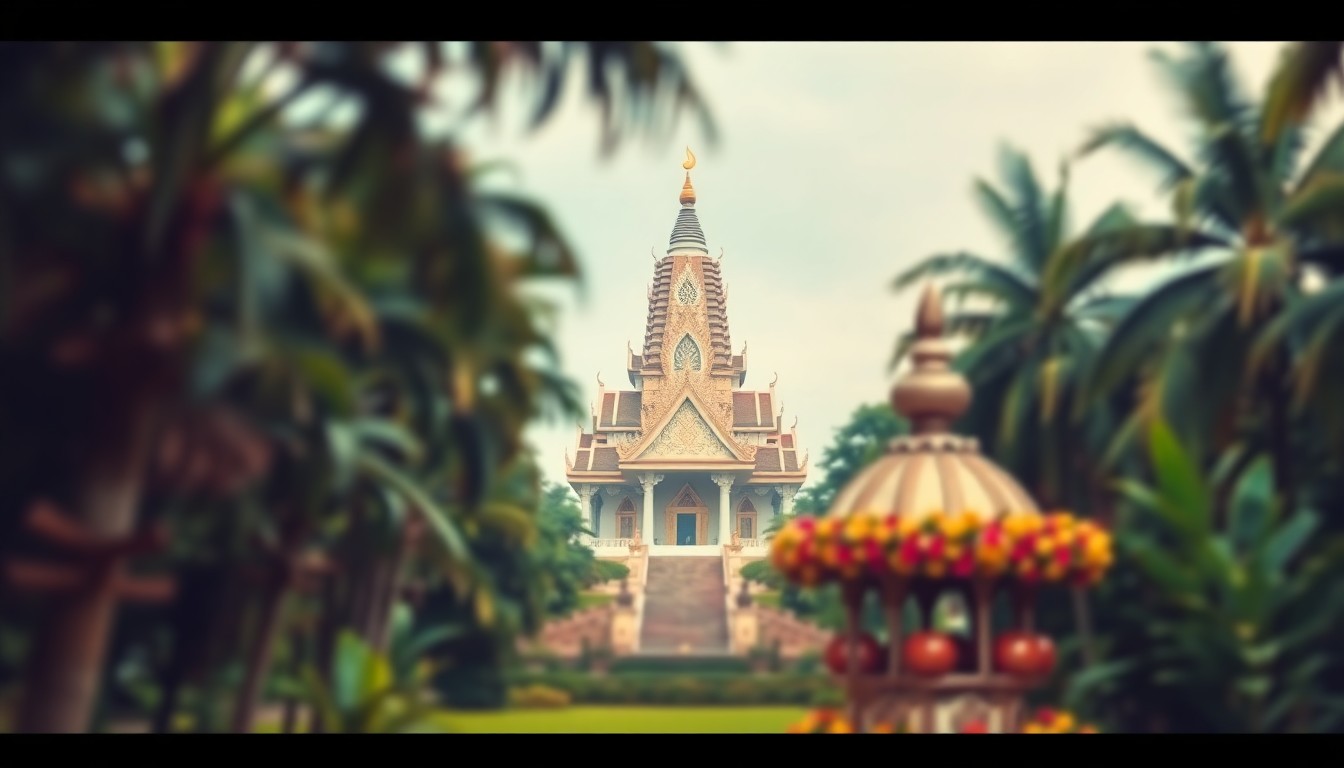 A dreamy, impressionistic photograph showing the soft, blurred outlines of a Buddhist temple surrounded by lush, tropical greenery, conceptually representing the peaceful, spiritual atmosphere of the Hanamatsuri celebration.
