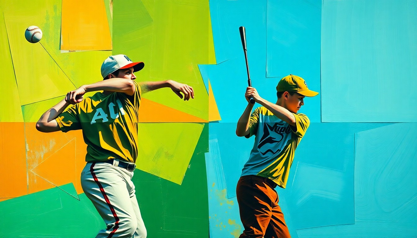 A cubist, geometric painting depicting the motion of a softball pitcher and a youth golfer, with sharp, overlapping planes of color representing the dynamic movements of the athletes.