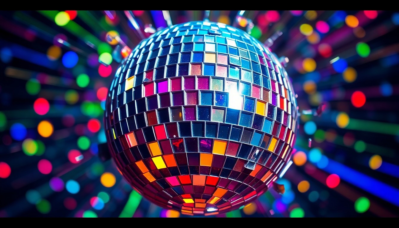 An abstract close-up photograph of a shattered disco ball reflecting a dazzling array of colorful lights, capturing the eclectic and experimental nature of Puscifer's music.
