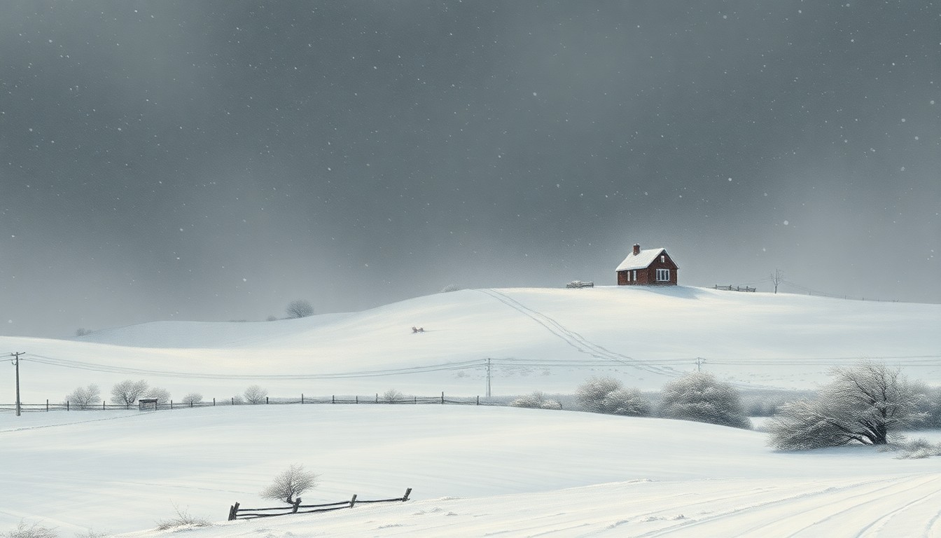 A sweeping, atmospheric landscape painting in muted blues and grays, with a small schoolhouse barely visible through a blinding blizzard, conveying the overwhelming scale and power of the natural elements.