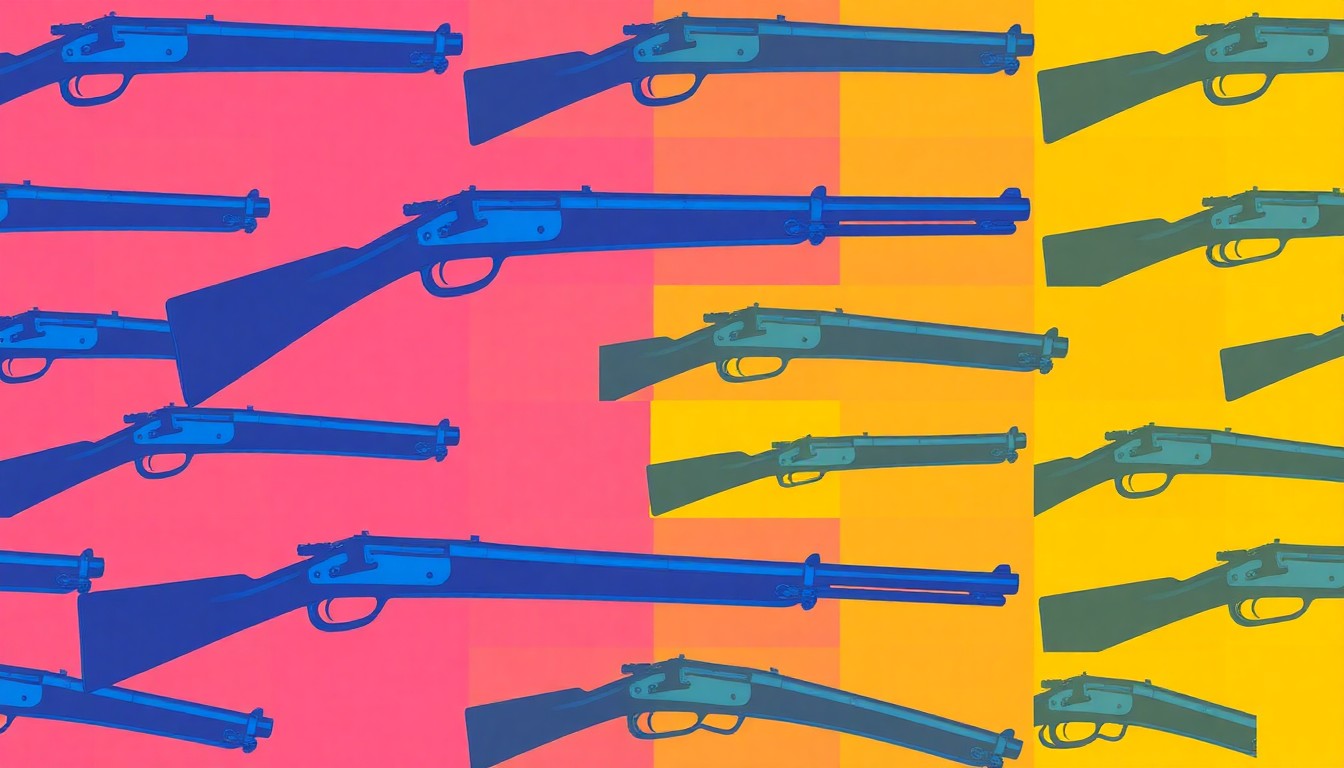 A highly stylized, silkscreen-inspired illustration featuring a repeating pattern of a colonial-era musket in bright, neon colors, conceptually representing the immersive historical reenactments of the American Revolution in New Jersey.