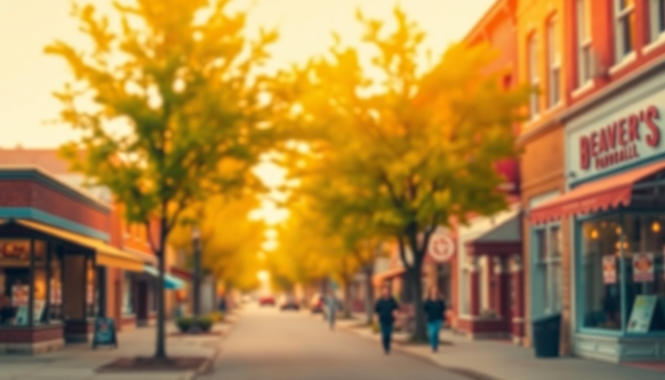 An abstract, out-of-focus photograph in warm tones depicting a neighborhood scene in Beaver Falls, Pennsylvania, conveying a sense of community and optimism.