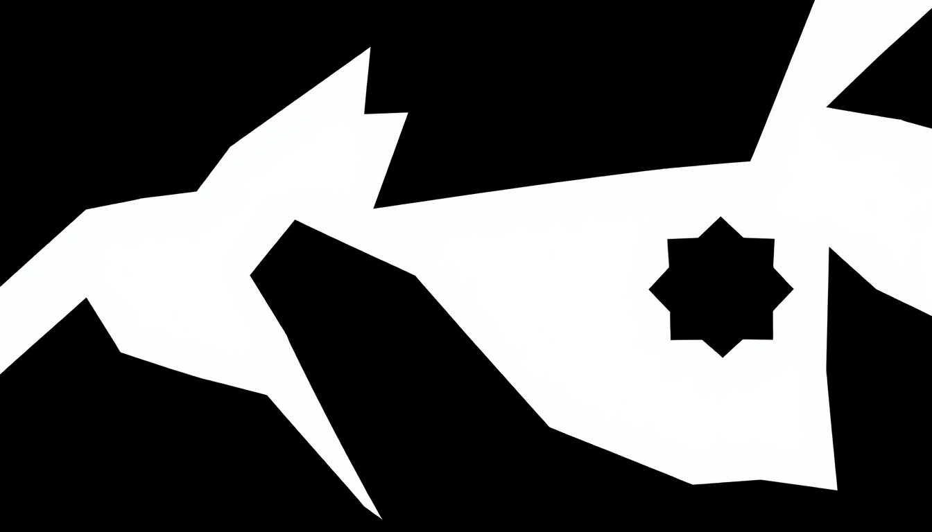 A striking, abstract illustration featuring bold, geometric black shapes against a white background, conceptually representing the themes of independent filmmaking and the energy of a film festival.