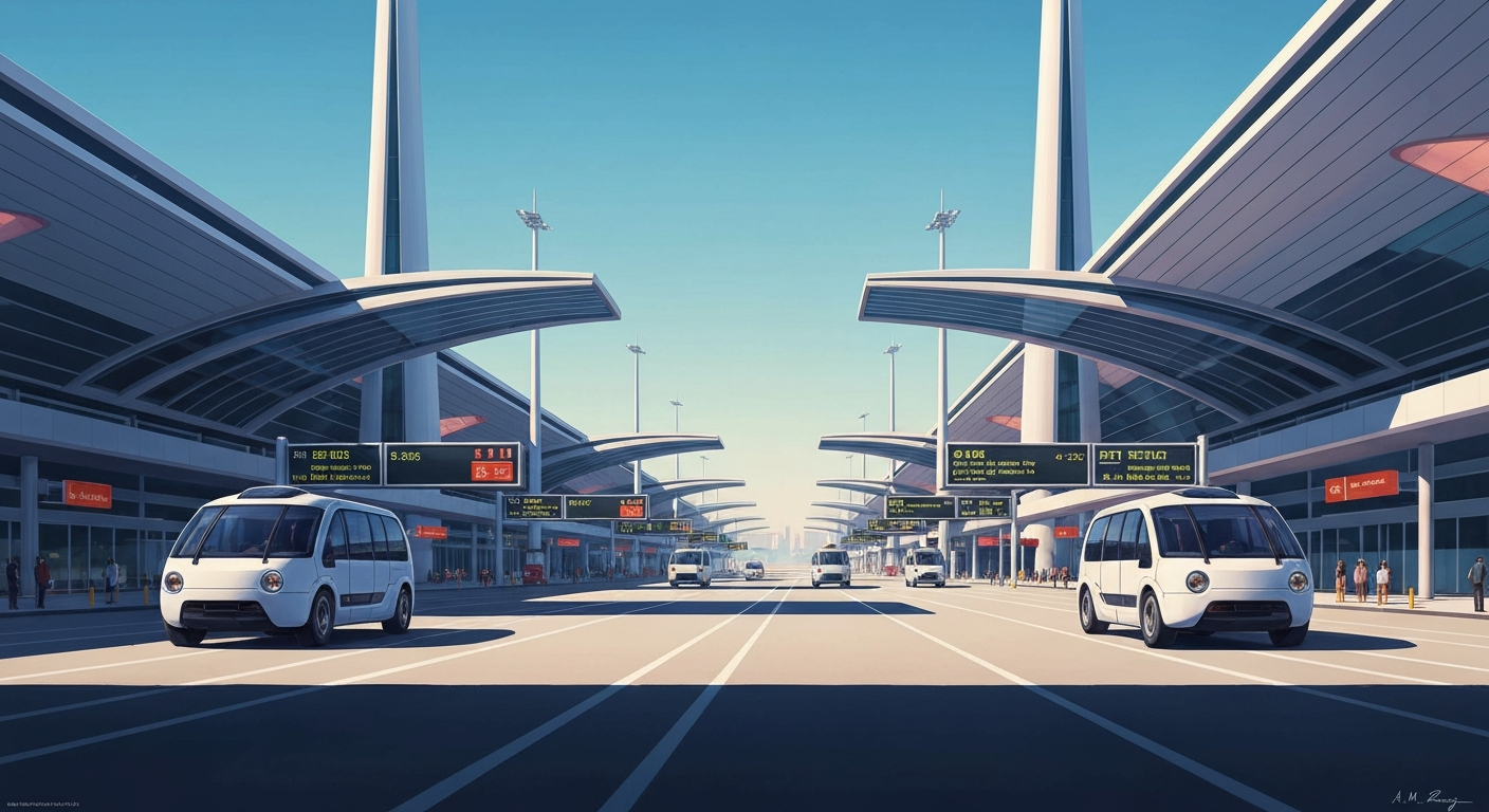 A highly stylized, geometric illustration depicting the grand scale and futuristic vision of autonomous transportation at an airport, with sweeping architectural forms and smooth gradients in shades of blue, grey, and silver.