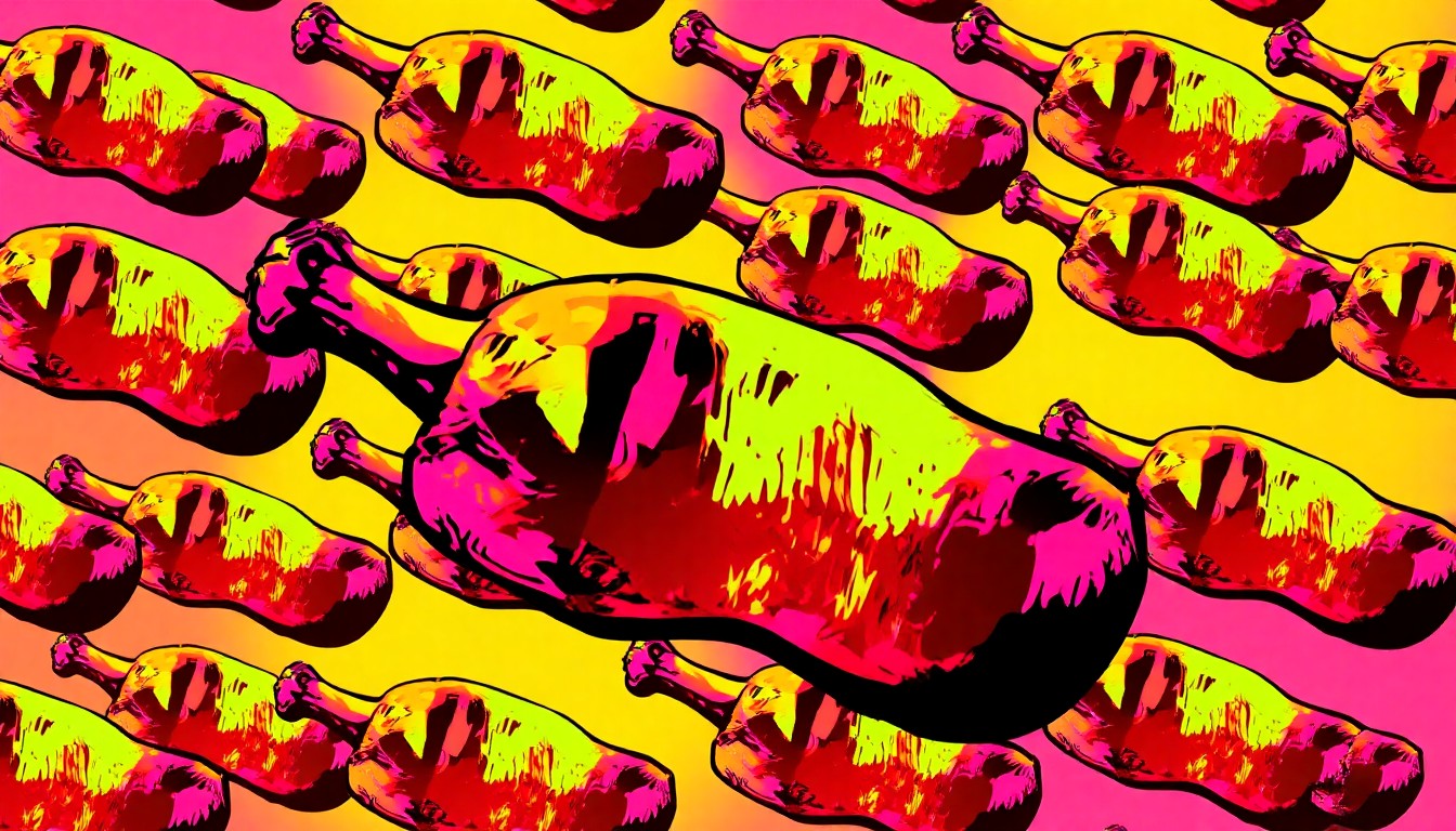 A bold, colorful silkscreen print featuring a medieval-style turkey leg repeated in a grid pattern, conceptually representing the iconic food and drink offerings at the Tulare County Renaissance Fair.