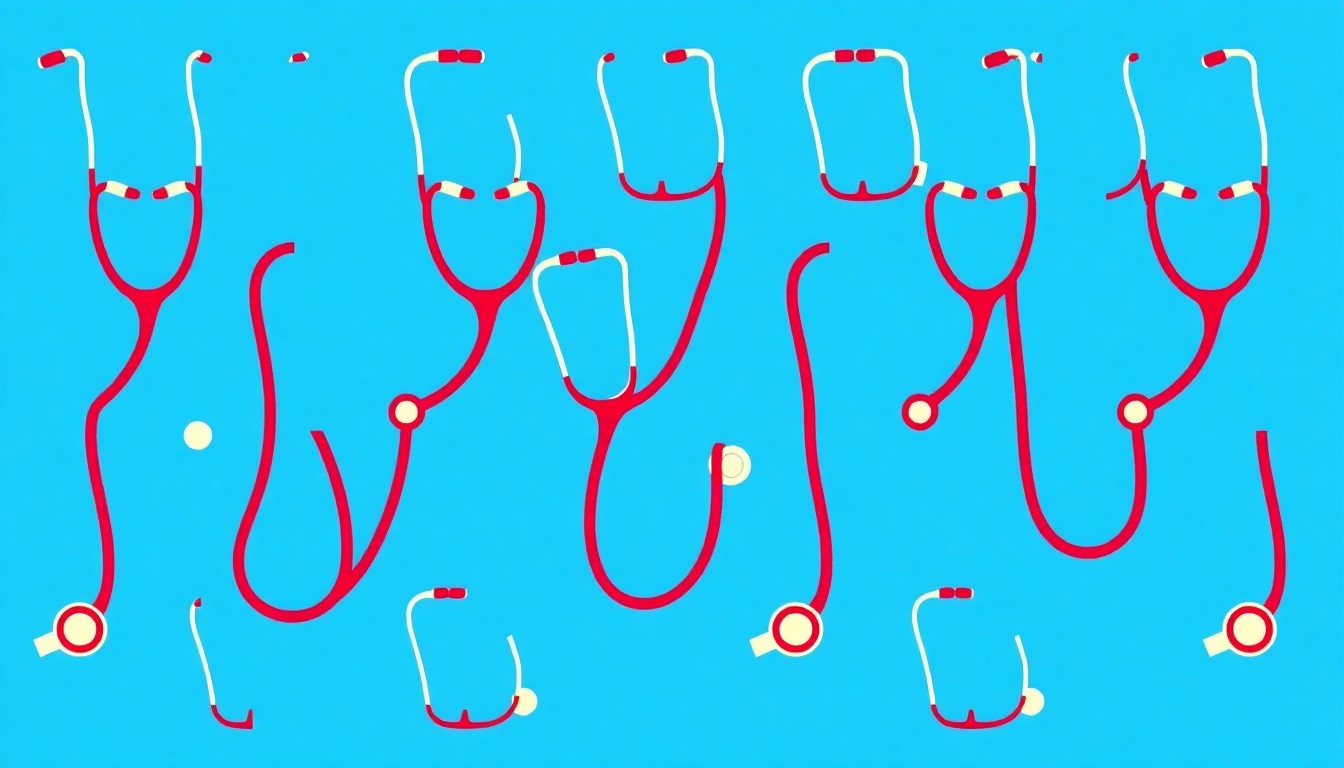 A brightly colored, high-contrast silkscreen print of a stethoscope repeated in a tight grid pattern, conceptually representing the vital healthcare services provided by the Samaritan Health Clinic.
