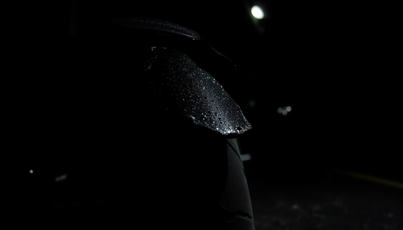 An extreme close-up photograph of a damaged motorcycle part, such as a broken mirror or cracked headlight lens, lit by a harsh, direct camera flash against a pitch-black background, conveying the gritty aftermath of the officer's collision.