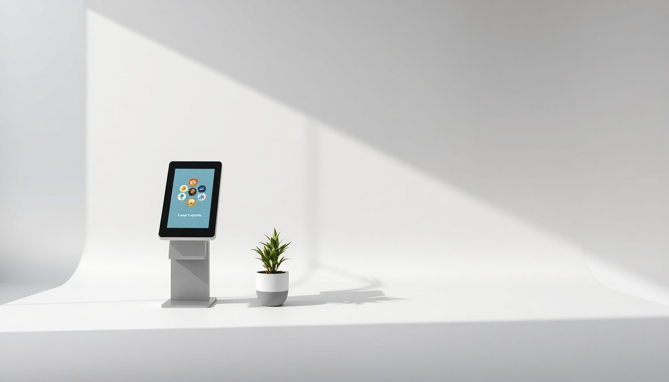 A minimalist studio still life photograph featuring a touch screen kiosk, a small potted plant, and locally-themed retail items arranged elegantly on a clean, monochromatic background, conceptually representing the modernization and community focus of this downtown business.