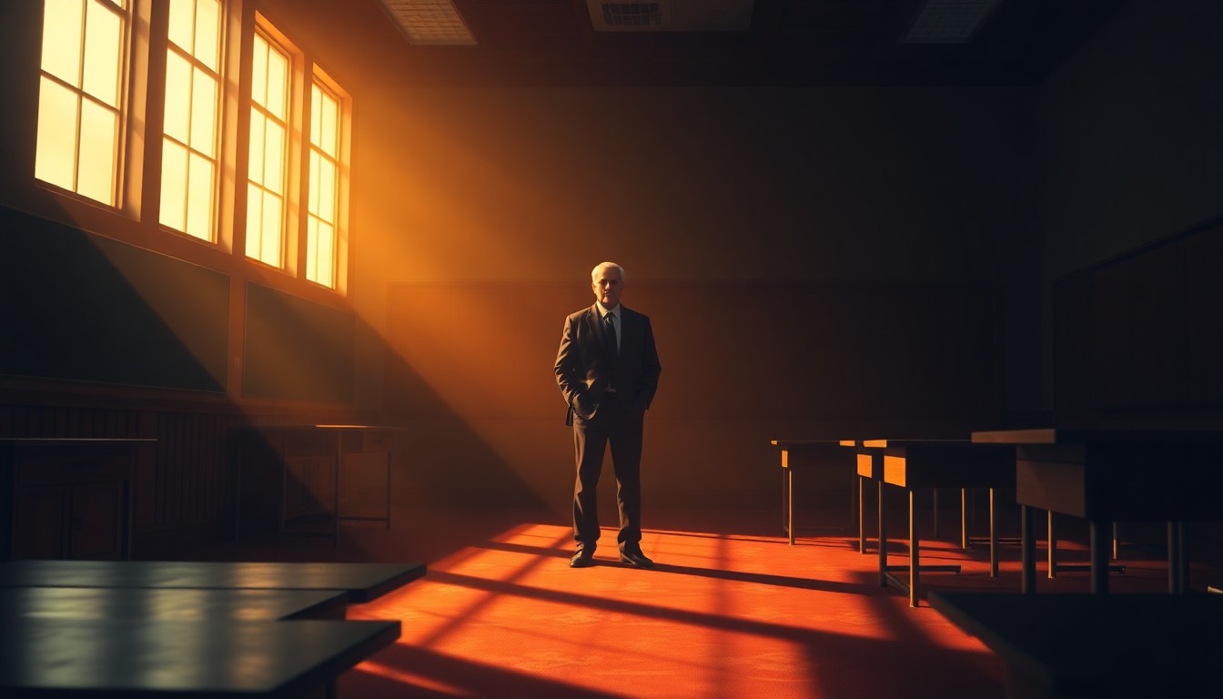 A realistic oil painting depicting a lone politician standing in a sunlit classroom, the warm light and deep shadows creating a contemplative, cinematic mood that reflects the importance of political leaders connecting with their local communities.