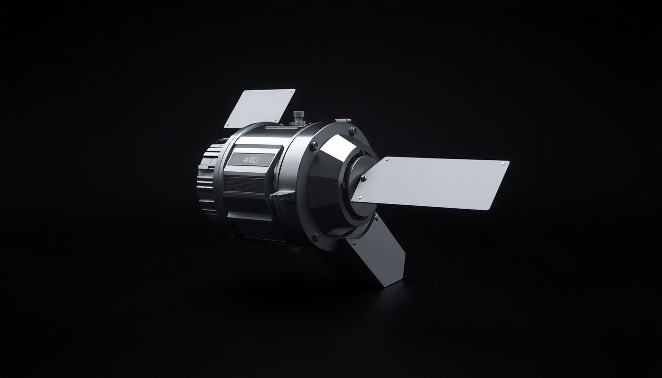 A photorealistic studio still life of a sleek, metallic satellite model with clean geometric shapes and dramatic lighting, representing the advanced space technology and international cooperation behind 4iG's new satellite program.