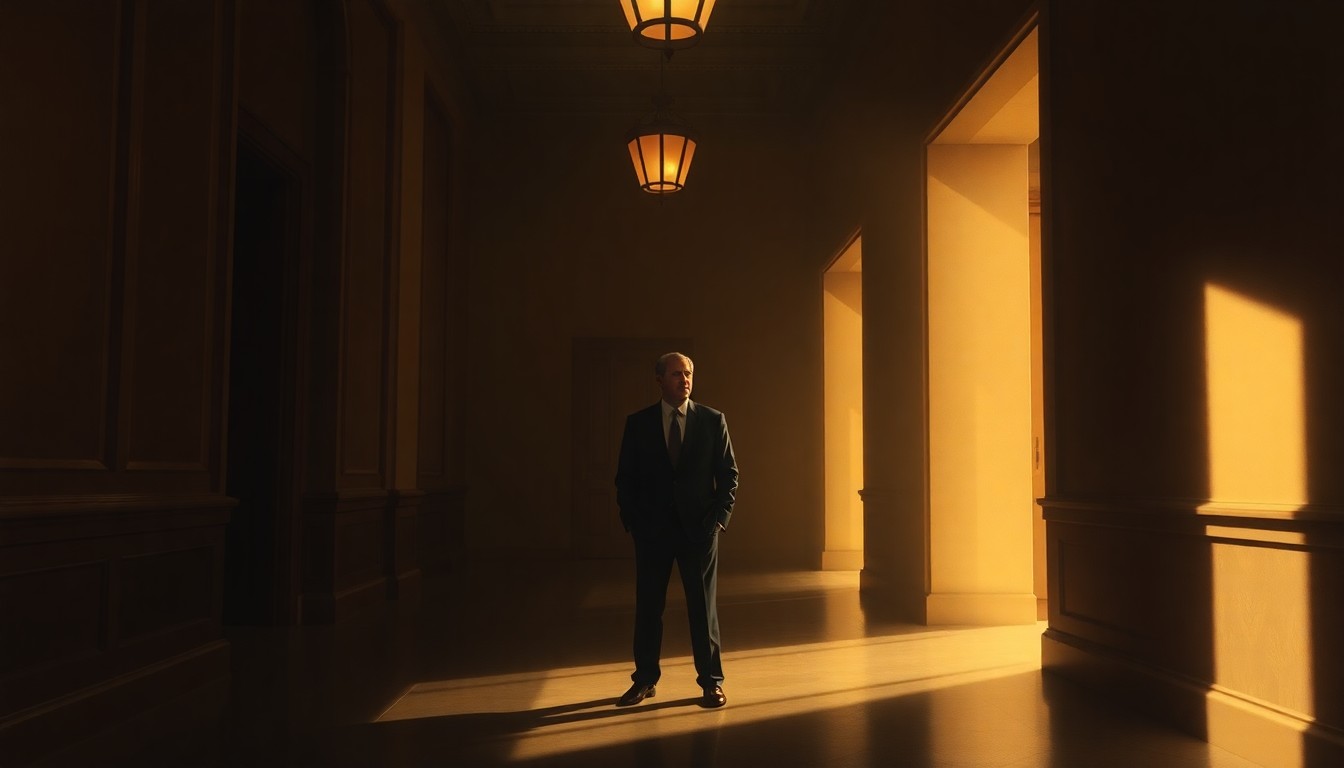 A cinematic painting of a solitary politician standing alone in a dimly lit government building hallway, with warm sunlight and deep shadows creating a contemplative, nostalgic mood.
