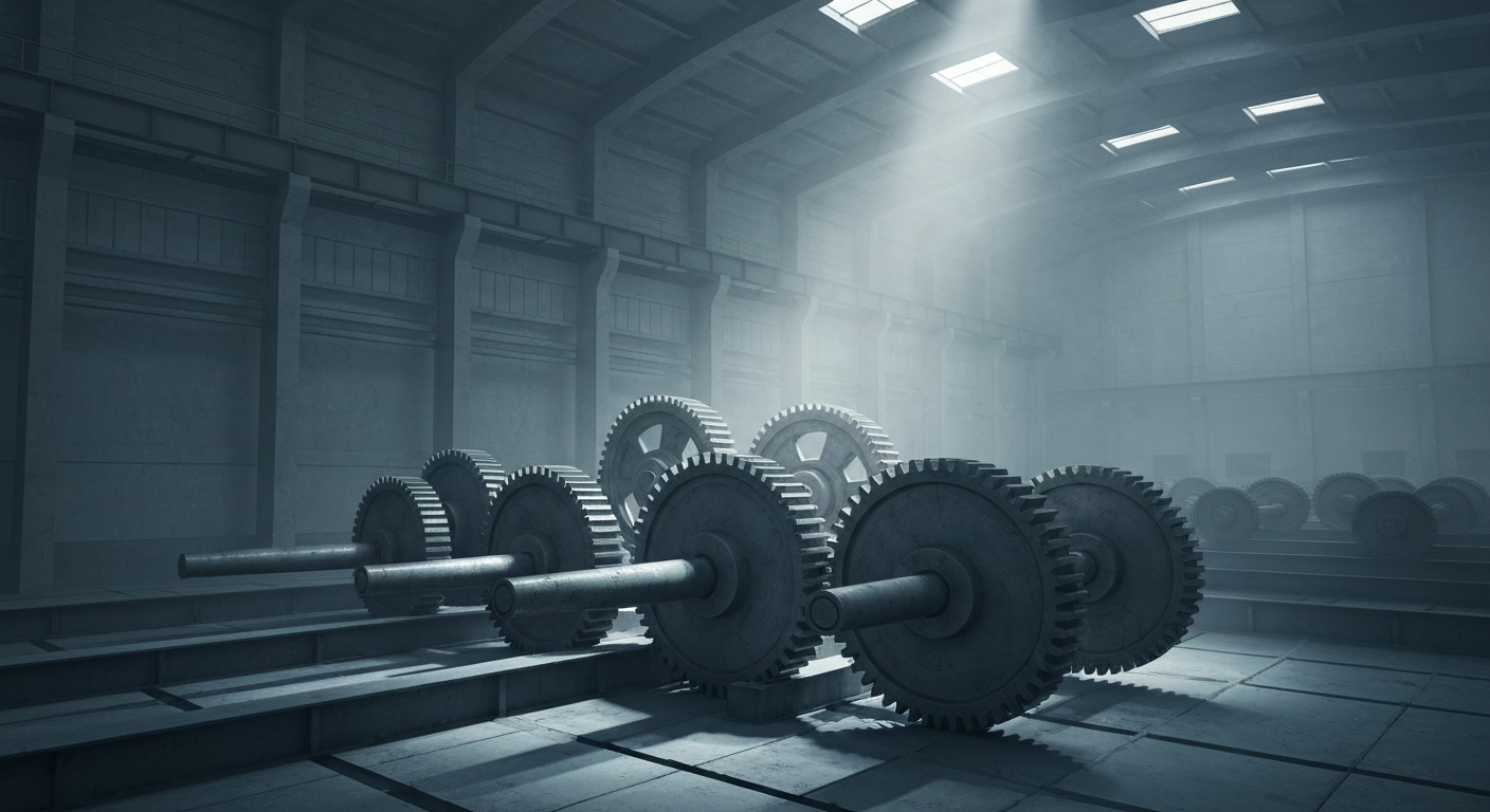 A highly detailed, black-and-white close-up image of the complex mechanical components that make up the financial infrastructure of the energy industry, conveying a sense of the sector's underlying complexity and dynamism.