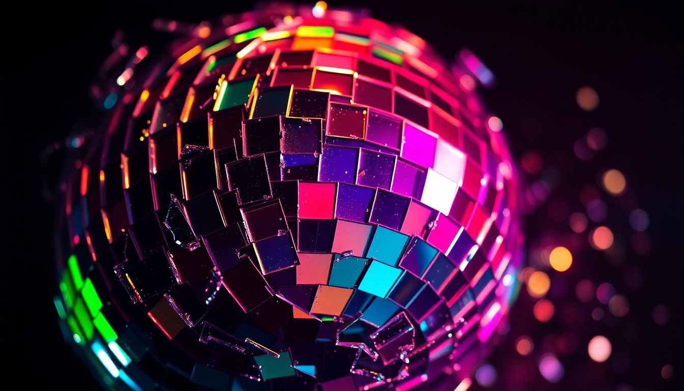 An extreme close-up of shattered glass reflecting multicolored light, conceptually representing the groundbreaking and innovative nature of 1960s classic rock albums.