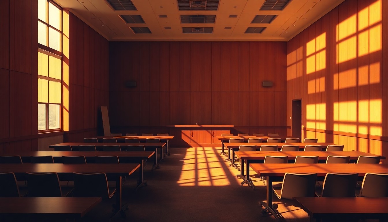 A dimly lit, empty county board meeting room with warm, golden light streaming through the windows, creating a sense of solitude and introspection.
