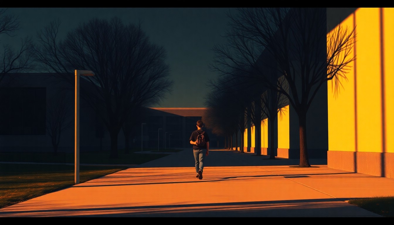 A serene oil painting depicting a lone student walking across an empty college campus, the buildings and pathways cast in warm, golden light and deep shadows, conveying a sense of contemplation and uncertainty during a time of change.